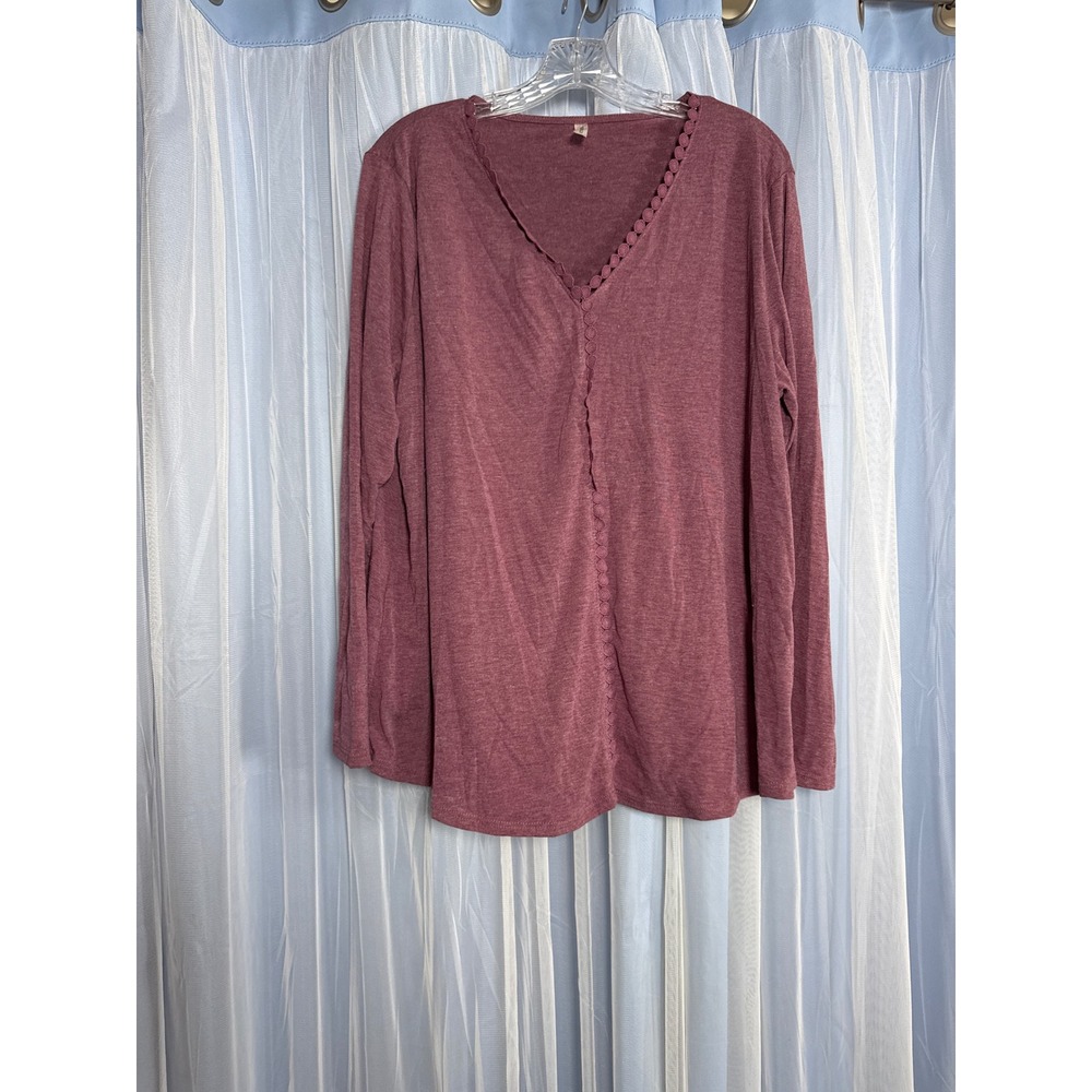 Emerald Top Womens 1X ETK-8682 Burgundy Crochet Trim V-Neck Long Sleeve NWOT
